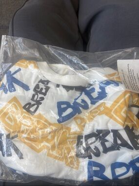 Kids White Graphic Crewneck Shirt with Blue & Mustard Print